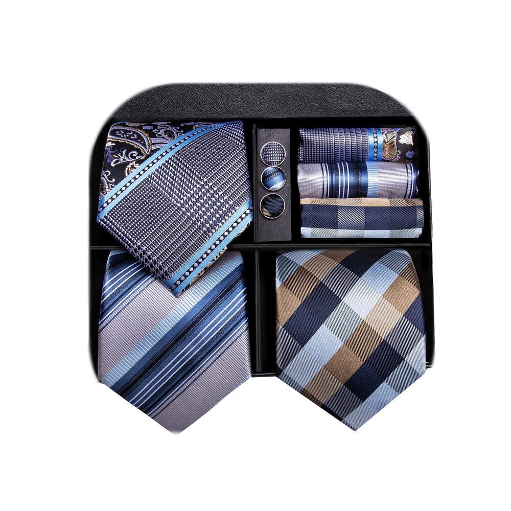 7432 3 Pcs Gift Box Tie Set Necktie with Pocket Square Cufflinks Lapel Pin